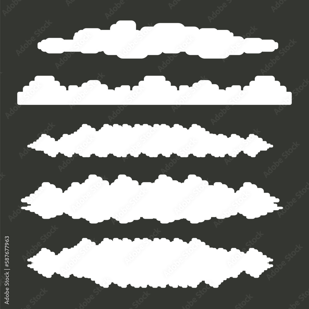 vector white summer clouds set isolated isolated on grey background. Flat sky cloud icon collection. Simple cloud shape clip art