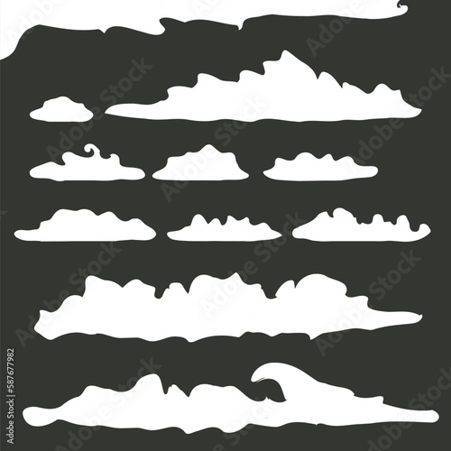 vector white summer clouds set isolated isolated on grey background. Flat sky cloud icon collection. Simple cloud shape clip art