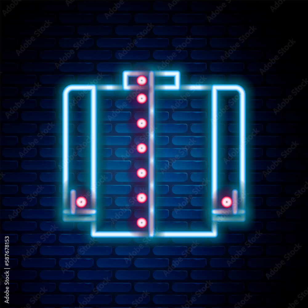 Glowing neon line T-shirt icon isolated on brick wall background. Colorful outline concept. Vector