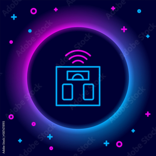 Glowing neon line Smart bathroom scales icon isolated on black background. Weight measure equipment. Internet of things concept with wireless connection. Colorful outline concept. Vector