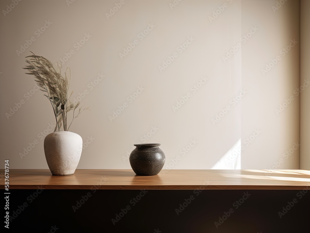 Fototapeta premium Stylish Room with Wooden Sideboard and White Wall Mockup - Generative AI