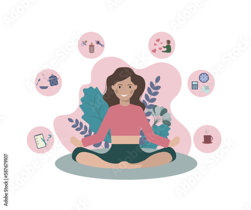  happy yoga mom is relaxing in the middle of the mess around and despite household duties. . Vector flat