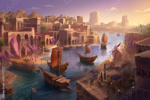 A captivating digital illustration showcasing the bustling life of an ancient Phoenician port city, featuring merchants actively trading goods, a harbor filled with colorful sailboats. gen ai