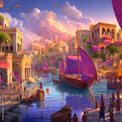 A captivating digital illustration showcasing the bustling life of an ancient Phoenician port city, featuring merchants actively trading goods, a harbor filled with colorful sailboats. gen ai