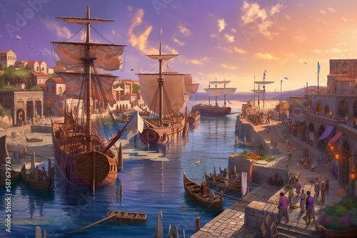 A captivating digital illustration showcasing the bustling life of an ancient Phoenician port city, featuring merchants actively trading goods, a harbor filled with colorful sailboats. gen ai
