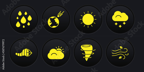 Set Cone meteorology windsock wind vane, Cloud with snow, Sun and cloud, Tornado, Comet falling down fast, Wind and Water drop icon. Vector