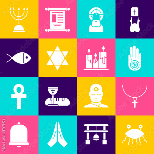 Set Pastafarianism, Christian cross on chain, Jainism or Jain Dharma, Jesus, Star of David, fish, Hanukkah menorah and Burning candles icon. Vector