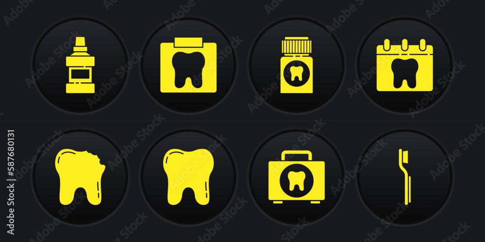 Set Broken tooth, Calendar with, Tooth, First aid kit, Painkiller tablet, X-ray of, Toothbrush and Mouthwash bottle icon. Vector Set Broken tooth, Calendar with, Tooth, First aid kit, Painkiller tablet, X-ray of, Toothbrush and Mouthwash bottle icon. Vector