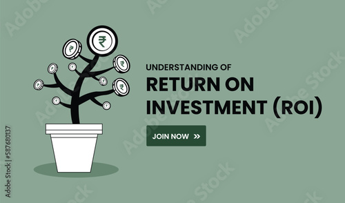 Return on investment, ROI concept. Suitable for web landing page, ui, mobile app, banner template. profit income, money growth, monetary growth. Vector Illustration of rupee symbol growing on plant.