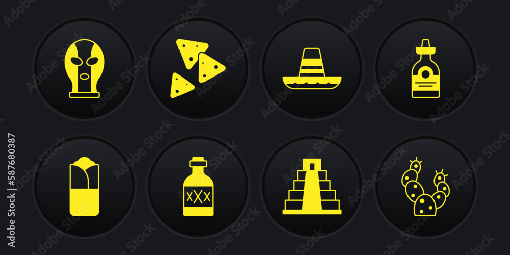 Set Burrito, Tequila bottle, Chichen Itza in Mayan, Mexican sombrero, Nachos, Cactus and wrestler icon. Vector Set Burrito, Tequila bottle, Chichen Itza in Mayan, Mexican sombrero, Nachos, Cactus and wrestler icon. Vector