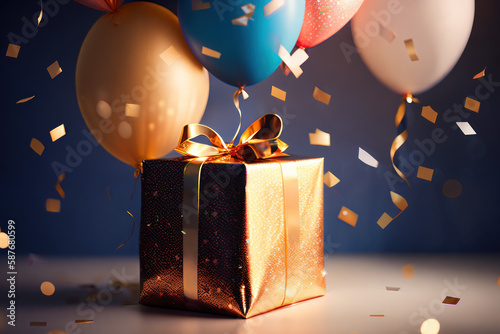 Gold gift box with balloons and ribbon and confetti, post processed generative AI art