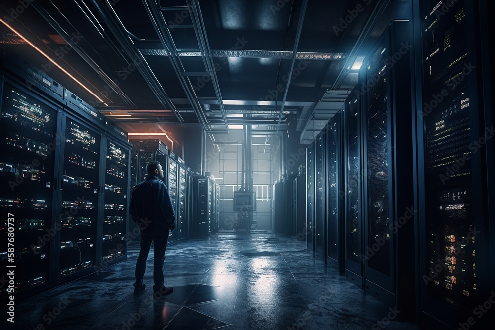 A modern and secure server room, featuring rows of neatly organized ...