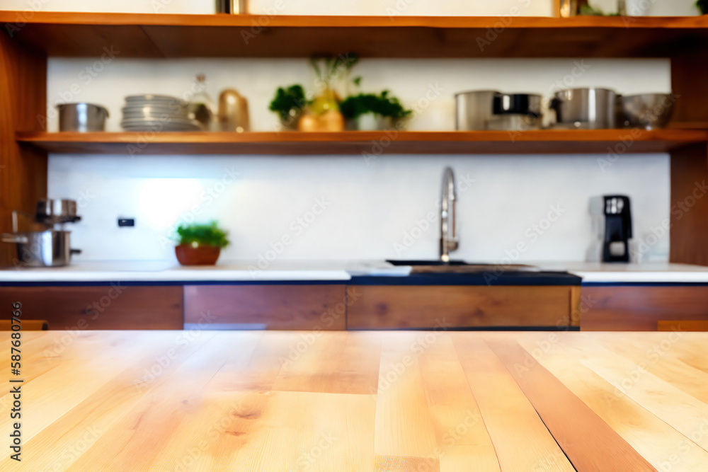 Modern kitchen interior with empty counter, post processed generative AI art Modern kitchen interior with empty counter, post processed generative AI art
