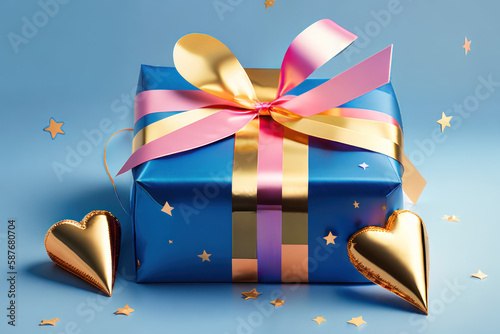 Gift box with ribbon and bow and hearts, post processed generative AI art
