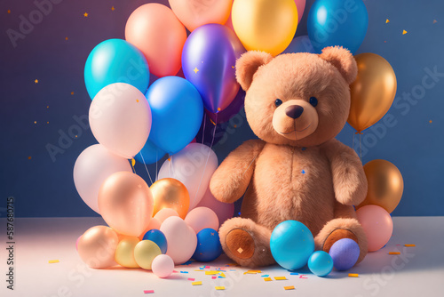 Cute teddy bear with colorful balloons, kid's birthday concept, post processed generative AI art