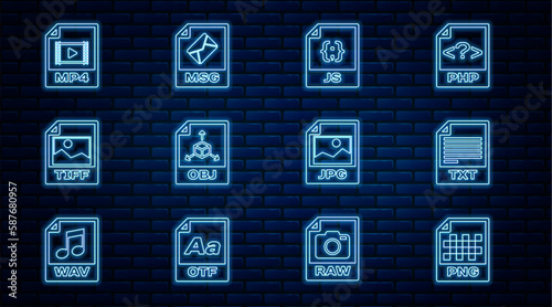 Set line PNG file document, TXT, JS, OBJ, TIFF, MP4, JPG and MSG icon. Vector