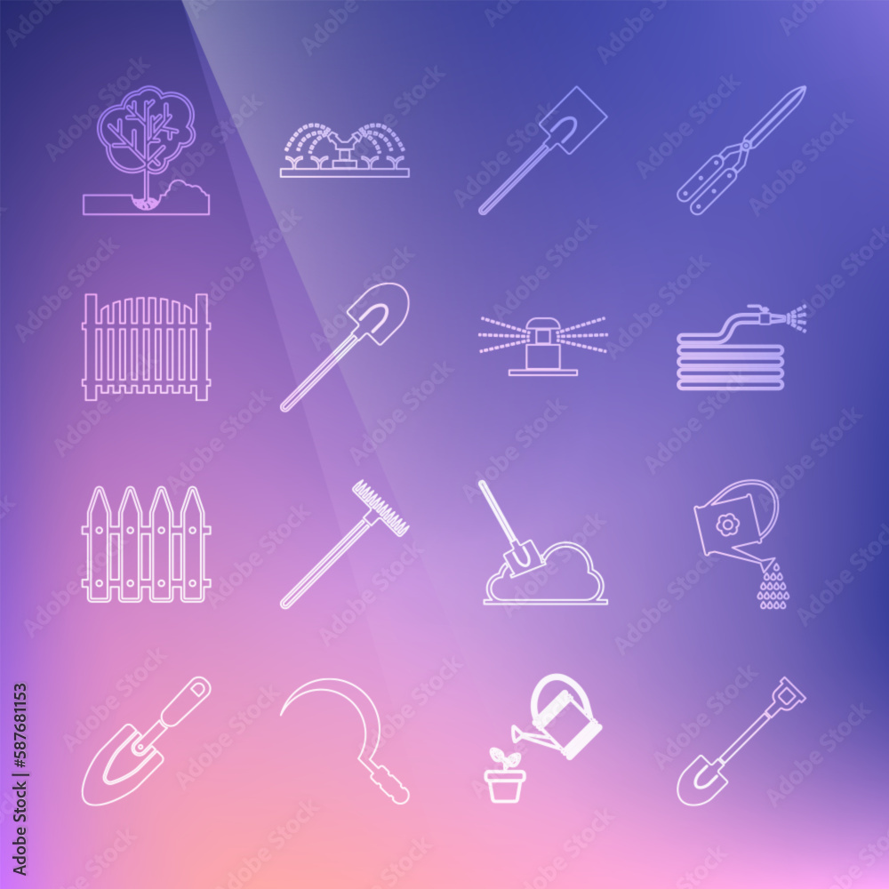 Set line Garden shovel, Watering can, hose or fire hose, fence, Planting tree the ground and Automatic irrigation sprinklers icon. Vector Set line Garden shovel, Watering can, hose or fire hose, fence, Planting tree the ground and Automatic irrigation sprinklers icon. Vector