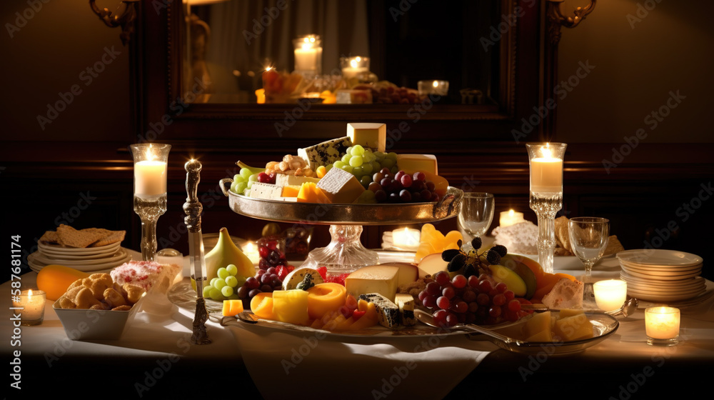 Luxury food photo - A candle illuminates a fresh meal of healthy fruits on an indoor table, burning gently in the background.