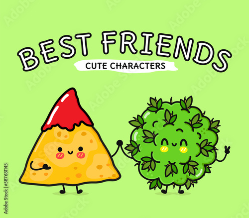 Cute, funny happy nachos and marijuana weed bud character. Vector hand drawn cartoon kawaii characters, illustration icon. Funny cartoon happy nachos and marijuana weed bud friends