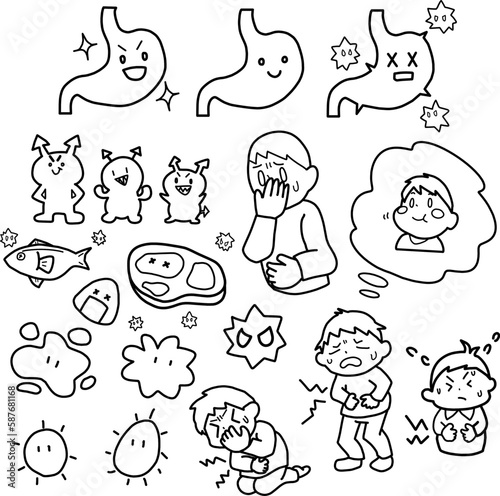 食中毒をイメージした線画セット