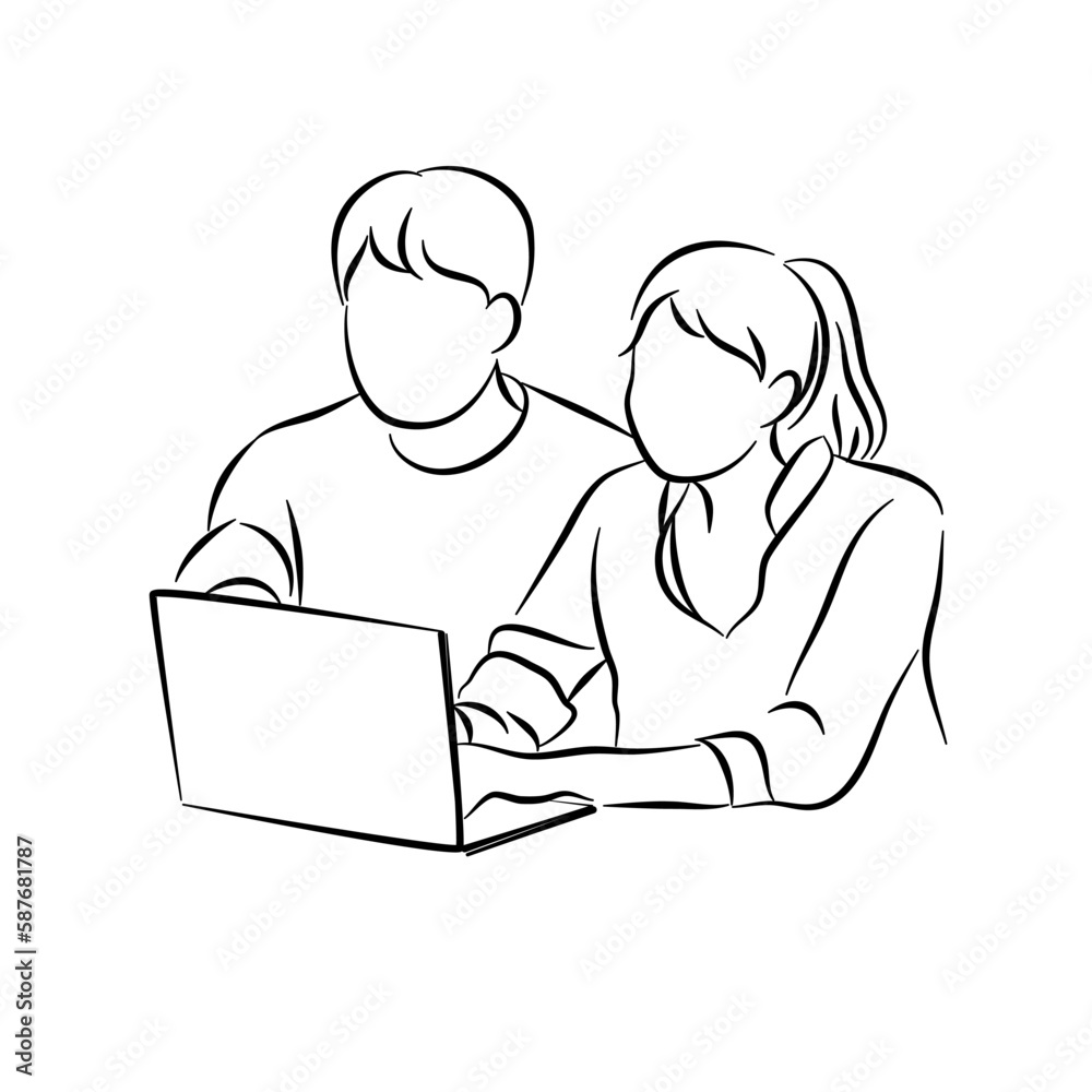 Business woman and man using laptop.Line drawing vector illustration. Business woman and man using laptop.Line drawing vector illustration.