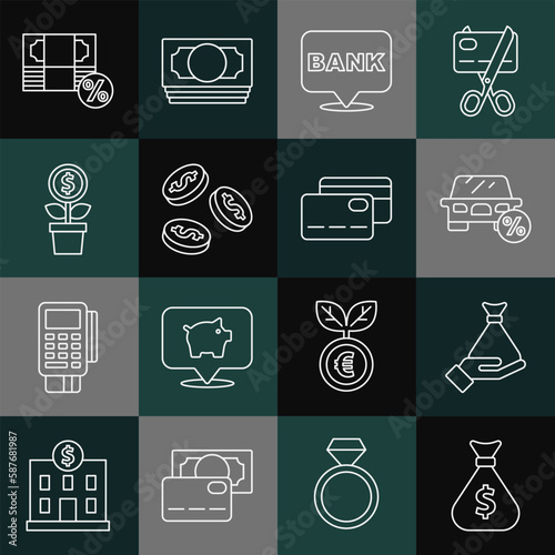 Set line Money bag, in hand, Car leasing percent, Bank building, Coin money with dollar, Dollar plant, and Credit card icon. Vector
