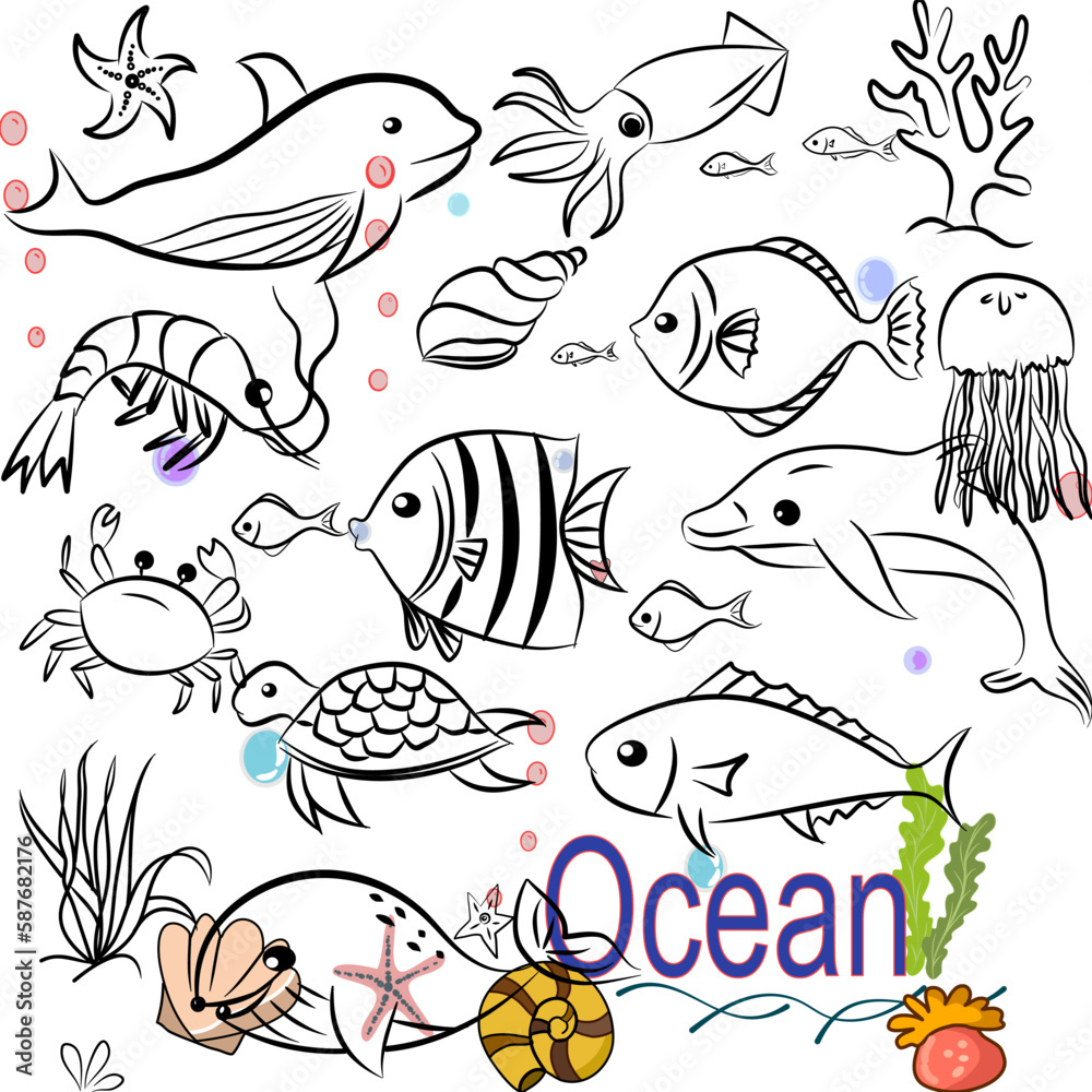 Set of life animals doodles under the sea,handraw icon illustrations on white background. Set of life animals doodles under the sea,handraw icon illustrations on white background.