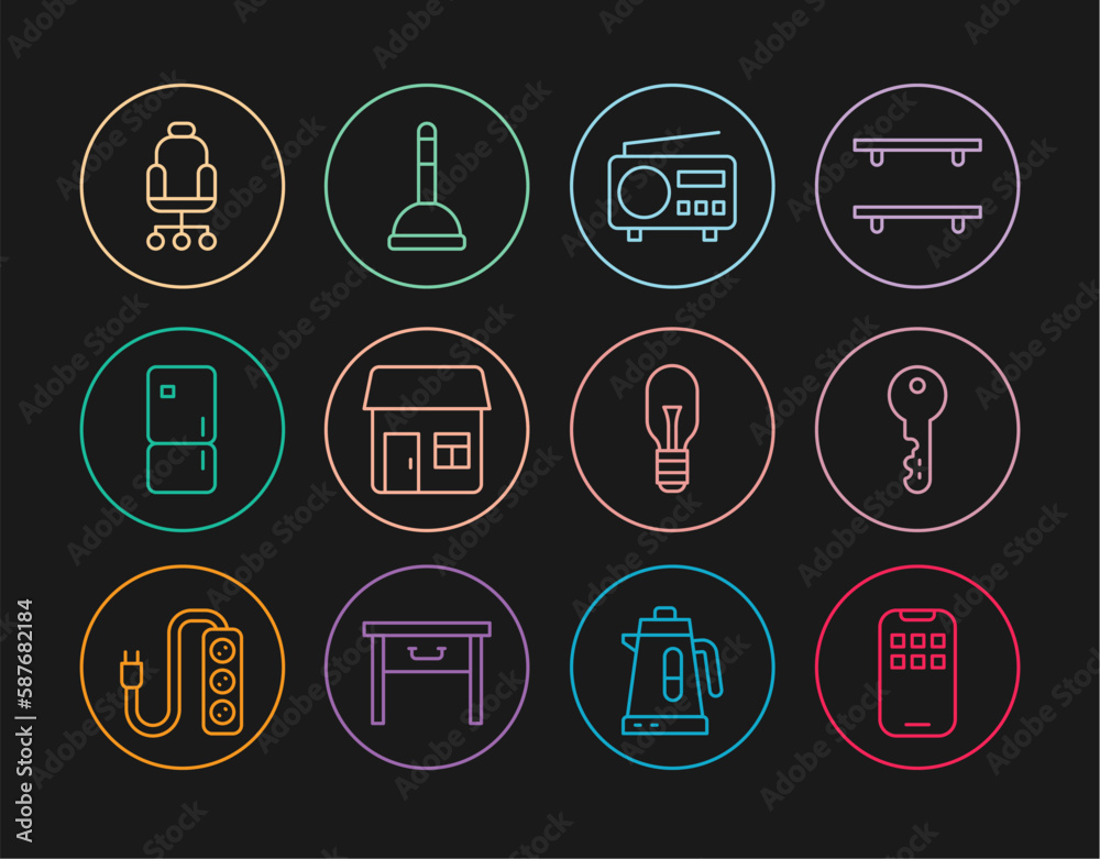 Set line Mobile Apps, House key, Radio, Refrigerator, Office chair, Light bulb and Rubber plunger icon. Vector