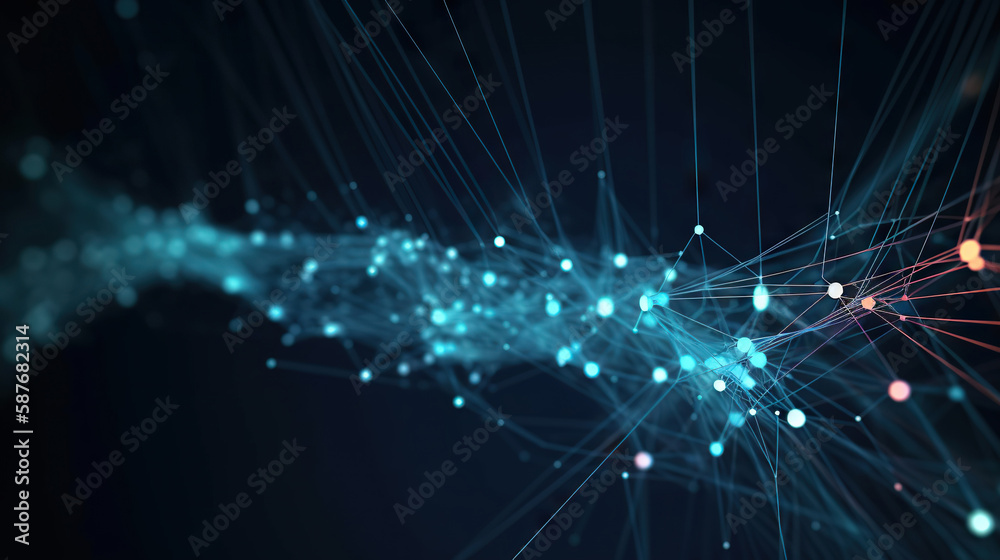 Fototapeta premium Luminous blue network connection with sparkling dots background. Based on Generative AI