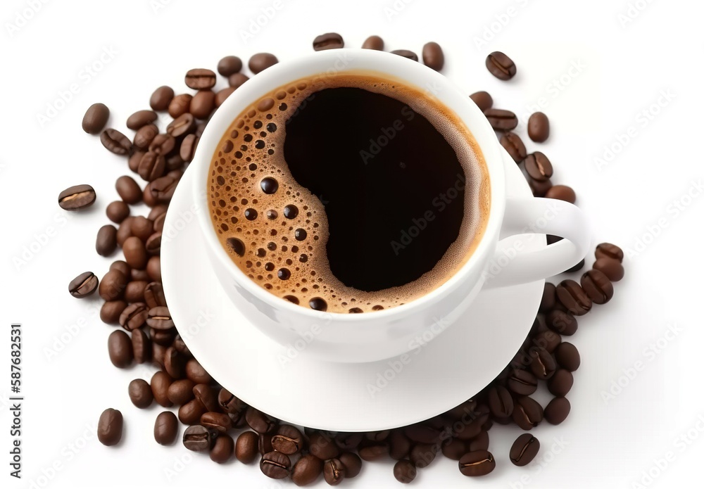 Photo Black coffee in a coffee cup decorated with isolated beans on a white background. AI-generated images Photo Black coffee in a coffee cup decorated with isolated beans on a white background. AI-generated images
