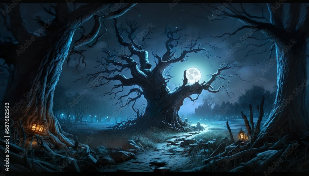 A haunted wood with eerie howls glowing eyes and a full moon in the sky  Generative AI