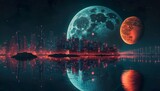 A neon city with reflections in the water and a glowing moon in the sky  Generative AI