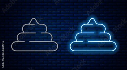 Glowing neon line Shit icon isolated on brick wall background. Vector