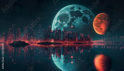 A neon city with reflections in the water and a glowing moon in the sky  Generative AI