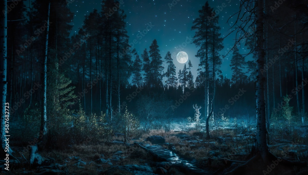 Photograph of a forest at night with a full moon 50mm f2.8 cinematic unsplash  Generative AI