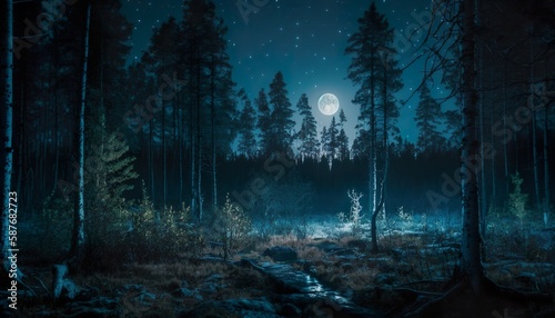 Photograph of a forest at night with a full moon 50mm f2.8 cinematic unsplash Generative AI