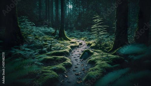 Photograph of a forest with mysterious footprints or signs of an unknown creature 50mm f2.8 cinematic unsplash Generative AI