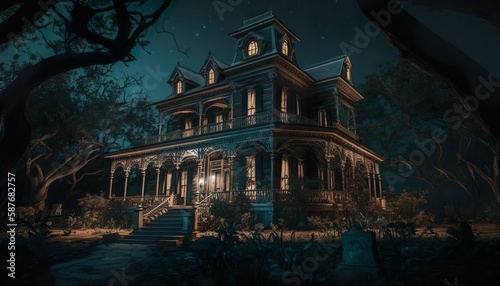 Photograph of a haunted mansion at night 50mm f2 cinematic unsplash Generative AI