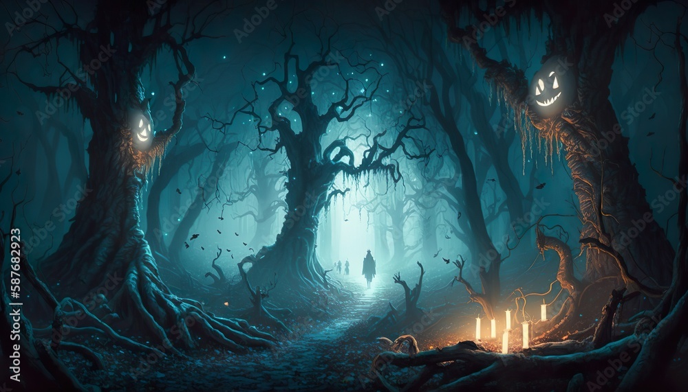A haunted forest with ghostly apparitions glowing eyes and a spooky atmosphere  Generative AI