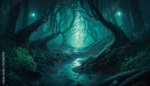 A mysterious forest with hidden secrets glowing eyes and an ominous atmosphere Generative AI