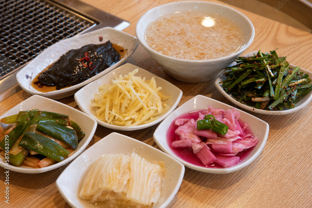 South Korea food. Scorched Rice Soup and side dish South Korea food. Scorched Rice Soup and side dish