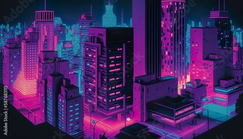 Neon lights in a futuristic cityscape: Create an image that depicts a vibrant and colorful cityscape at night with neon lights illuminating the buildings and streets. The image should be Generative AI