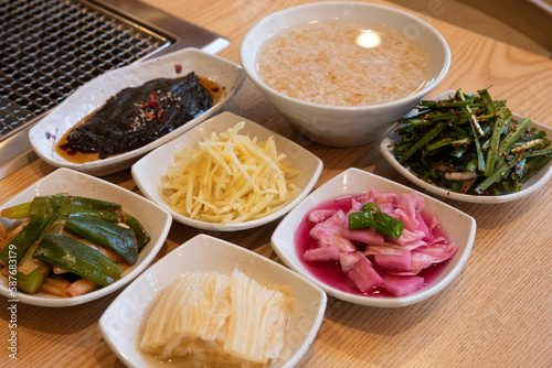 South Korea food. Scorched Rice Soup and side dish