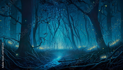 A misty forest with glowing fireflies twisted branches and a sense of mystery Generative AI