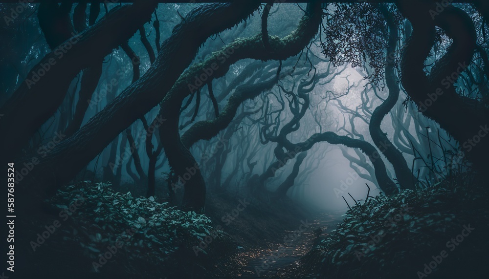 Obraz premium Photograph of a dark forest with twisted trees and fog 35mm f5.6 cinematic unsplash Generative AI