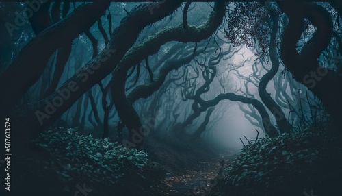 Photograph of a dark forest with twisted trees and fog 35mm f5.6 cinematic unsplash Generative AI