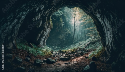 Photograph of a forest with a mysterious cave entrance 35mm f3.5 cinematic unsplash  Generative AI