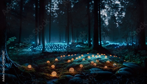 Photograph of a forest with eerie glowing mushrooms on the ground 35mm f2.8 cinematic unsplash Generative AI