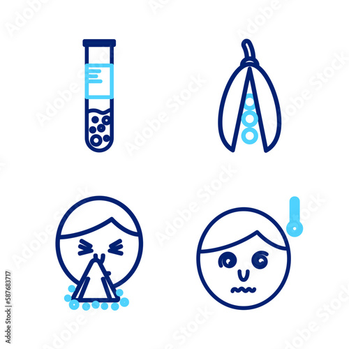 Set line High human body temperature, Handkerchief to his runny nose, Kidney beans and Test tube flask icon. Vector