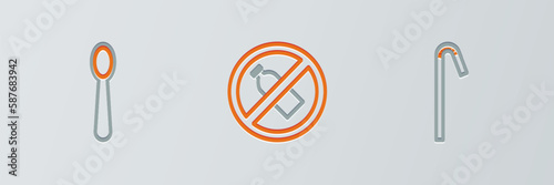 Set line Drinking plastic straw, Disposable spoon and No bottle icon. Vector